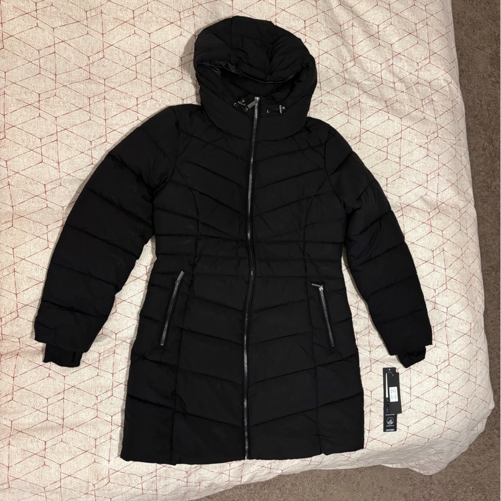 Sebby Collection Women's 3/4 Hooded Stretch Puffer Coat